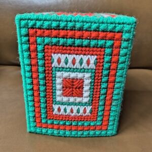 Vintage Tissue Box Cover Plastic Yarn Needlepoint Square Christmas Colors